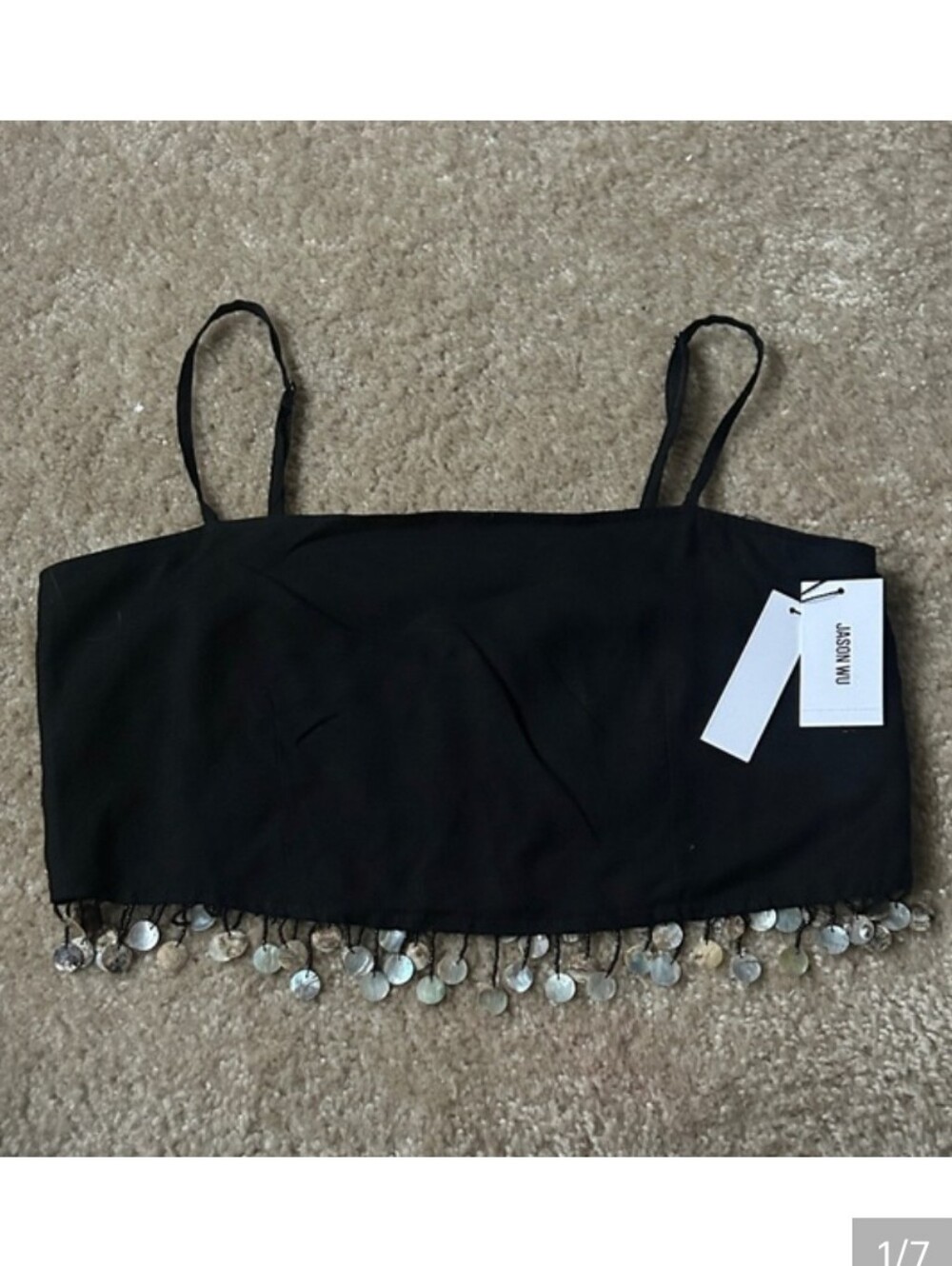 Jason Wu Black Crop Cami with Mother-of-Pearl Fringe